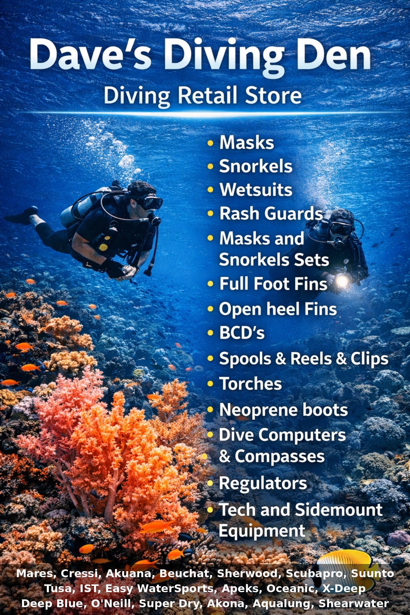 Daves Diving Den A-frame picture - ChatGPT improved with Manufacturers names